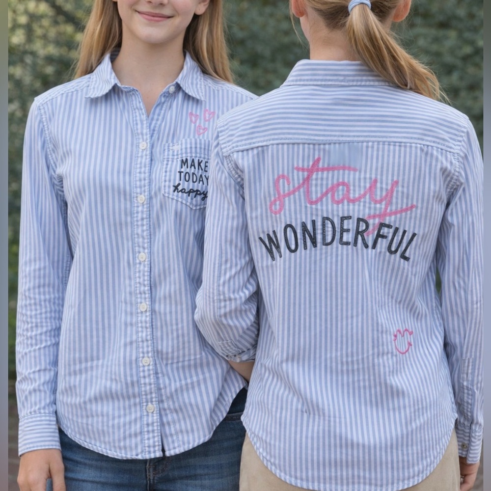 -Abercrombie Kids Embroidery “Make Today Happy” Blue White Button Down 13/14